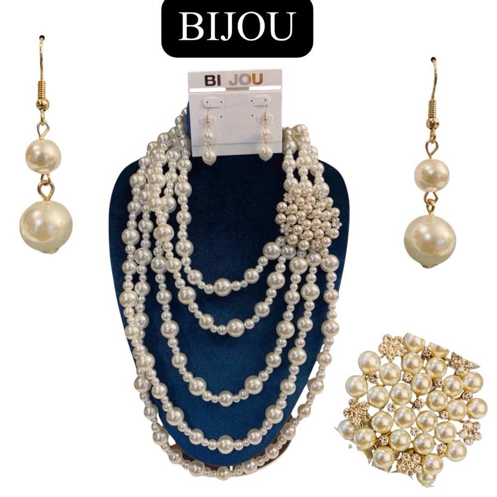 BIJOU Long Multilayered Faux Pearl Flapper Necklace w/Crystal Brooch, NWT